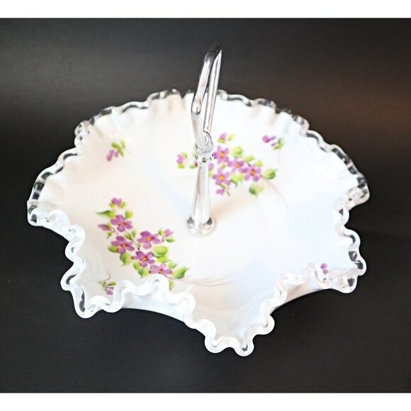Vintage Fenton Ruffled Tidbit Candy Dish Milk Glass Silver Crest Handle Violets - Picture 4 of 5